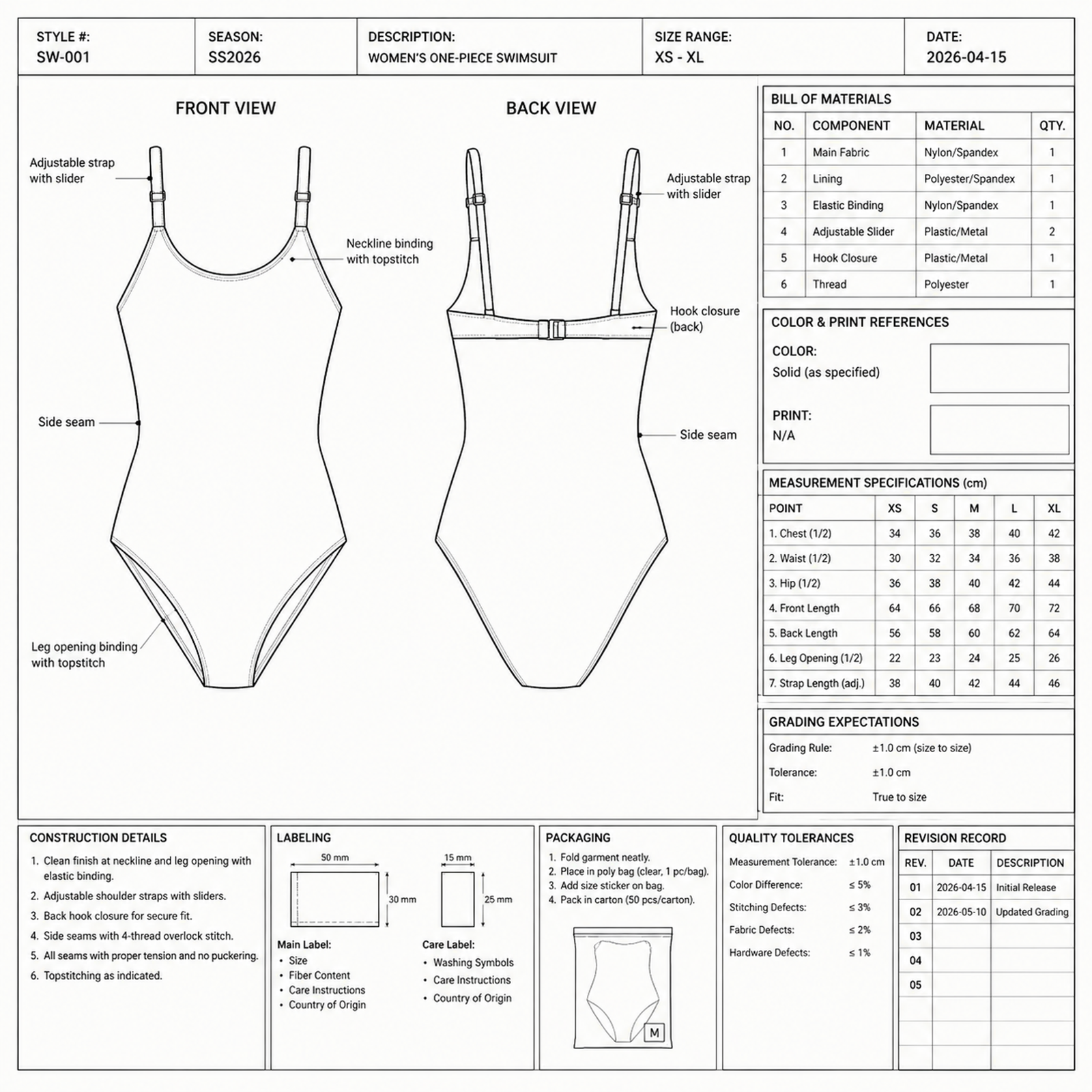 swimwear tech pack with technical drawings and production specifications