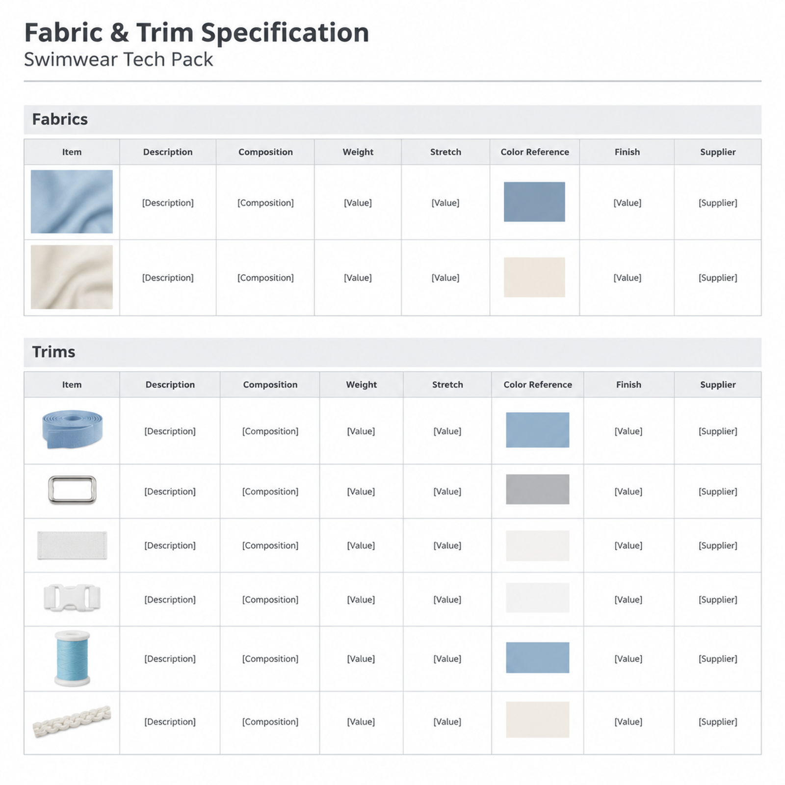 swimwear tech pack bill of materials for fabrics trims and hardware