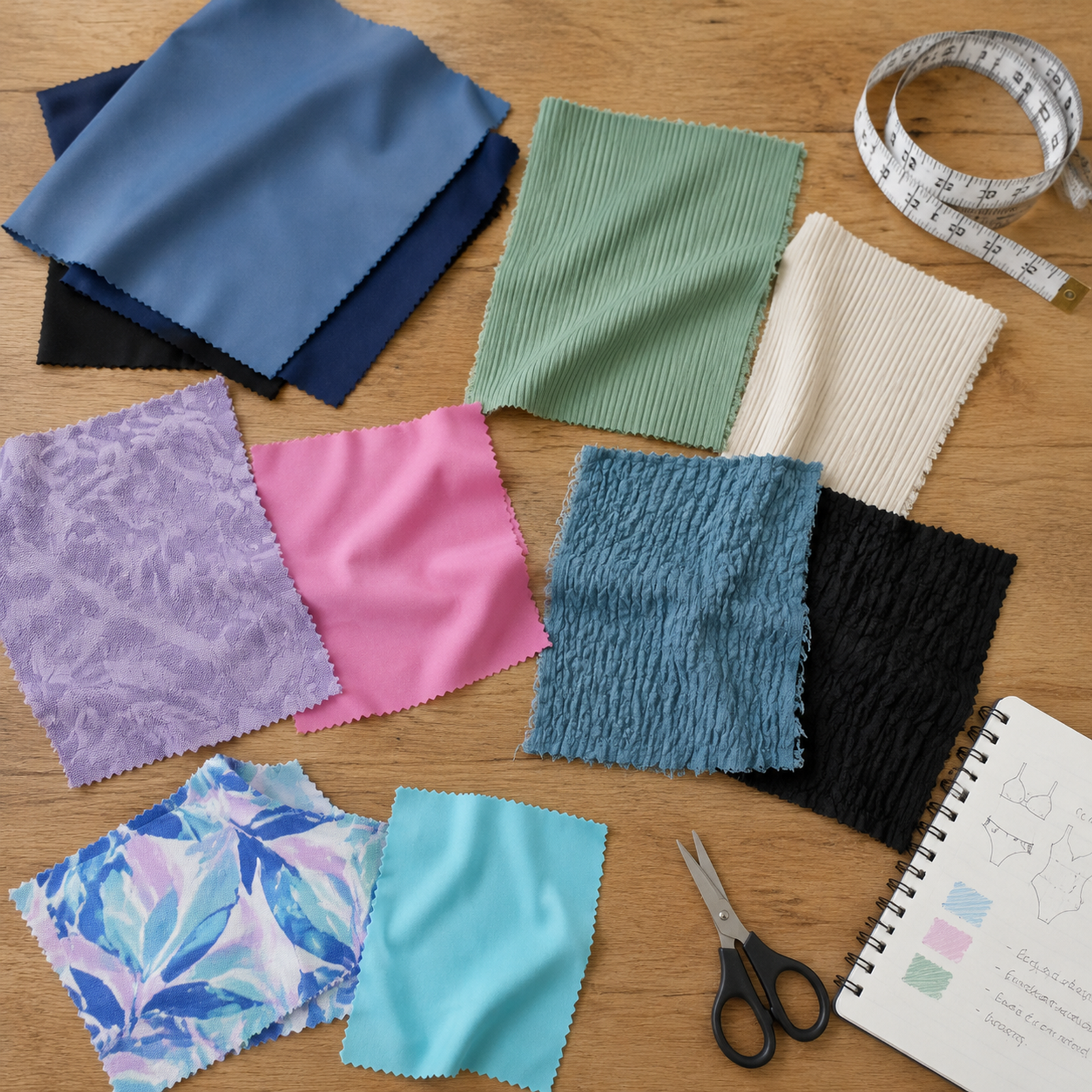 Swimwear fabric swatches and materials for manufacturing cost planning