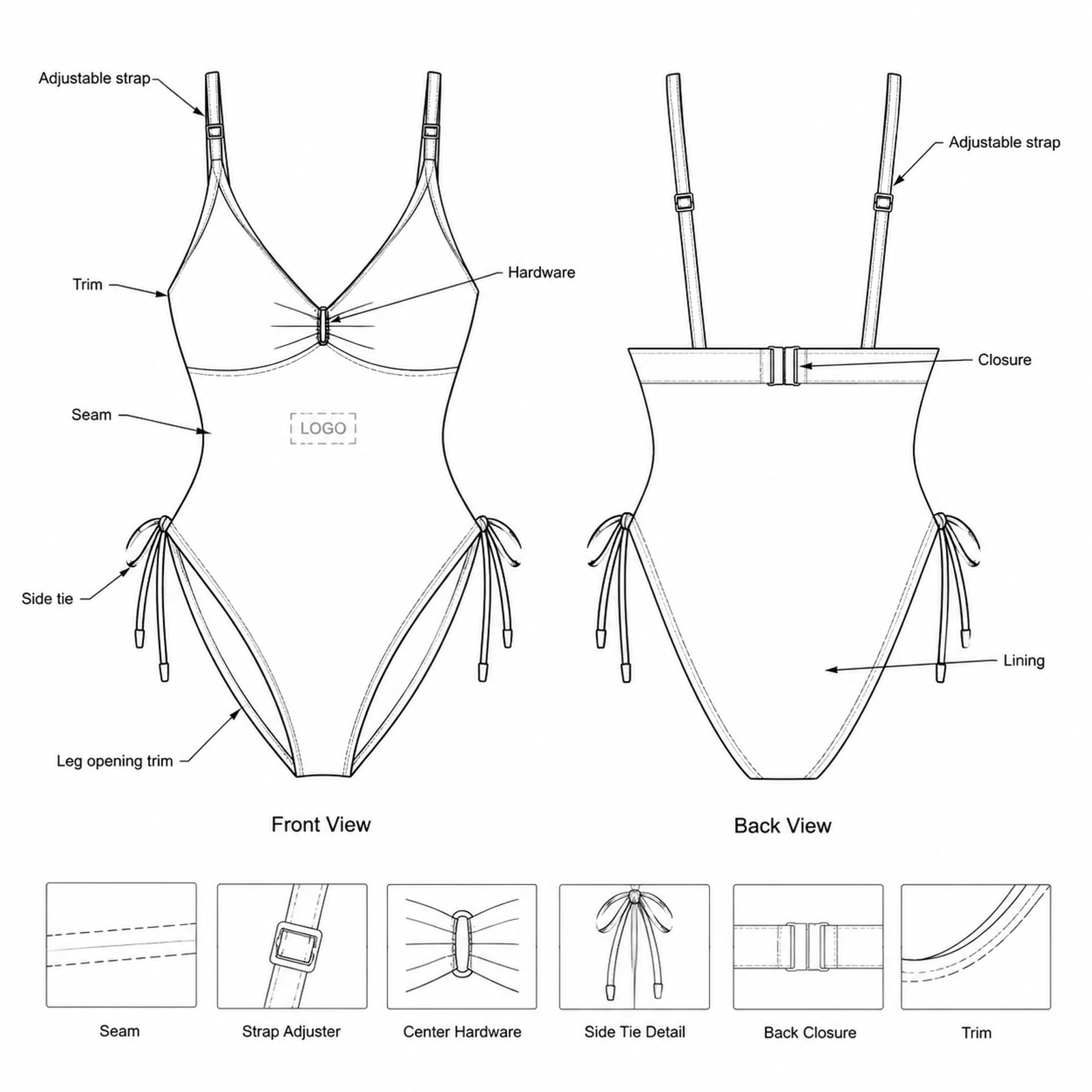 swimwear tech pack front and back technical drawings