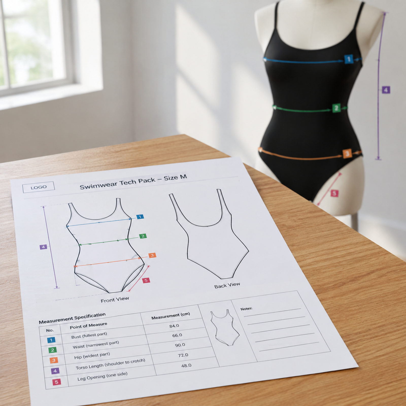 swimwear tech pack measurement specification sheet